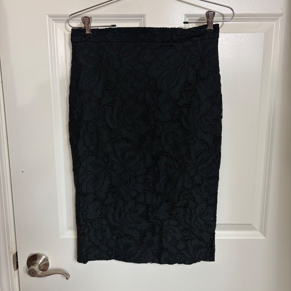 Alexis Black Corded Lace Pencil Skirt Floral Bodycon Knee Length Small USA Made